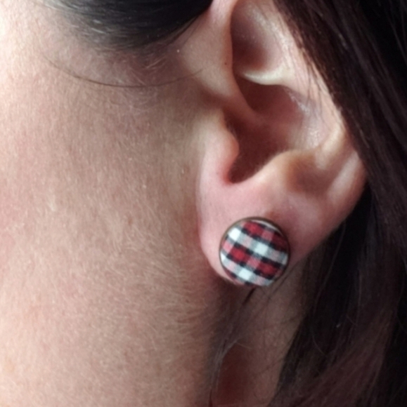 New Handmade | Upcycled Yellow Orange White Plaid Button Stud Earrings - Picture 4 of 4